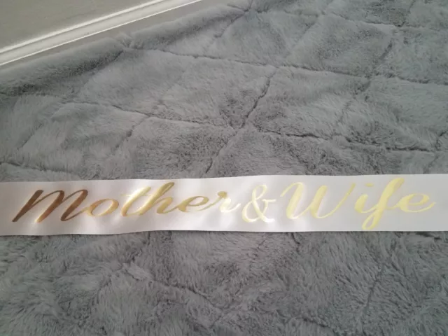 Mother & Wife Funeral Memorial Cemetery Ribbon Sash 39x3" White Foil Metallic