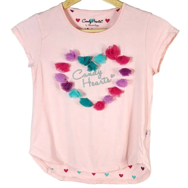 Hartstrings Candy Hearts Girls Short Sleeve Top Pink Large Tulle Round Neck