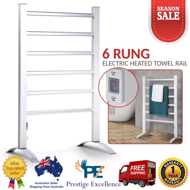 Electric Heated Towel Rail Rack Freestanding Warm 6 Rung Aluminium Bathroom Bar