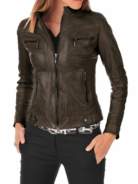 Veste En Cuir Femme - Taille 42, Marron, Col Et épaule En Fourrure - Neuf Avec étiquettes