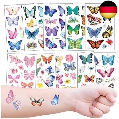 Tattoo Kinder Mädchen, 10 Blätter Temporäre Schmetterling Kindertattoos für Mäd