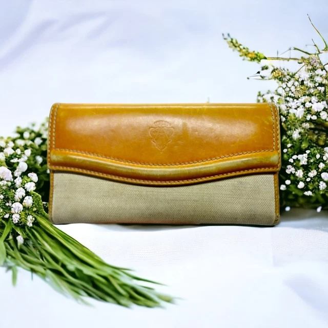 Vintage GUCCI ITALY Smooth Brown Leather & Beige Canvas Tri-Folding Wallet 7.5x4