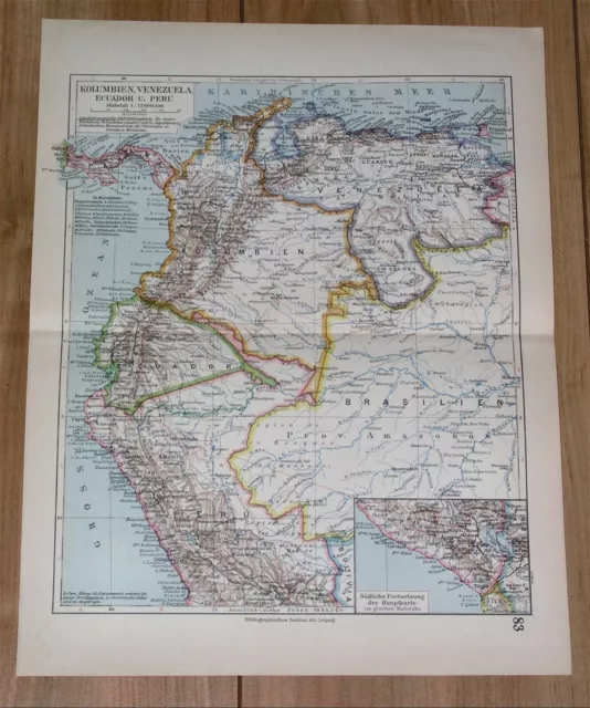 1924 Original Vintage Map Of Colombia Venezuela Ecuador Peru South America