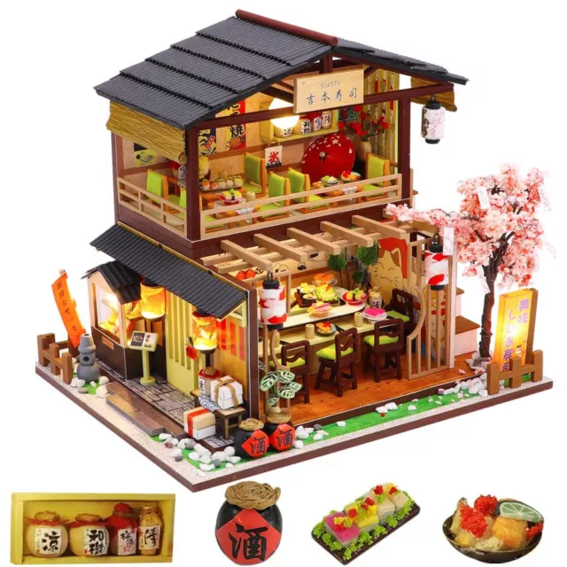 DIY 3D Wooden Dollhouse Yoshimoto Sushi Miniature Collection Music Box + Tool