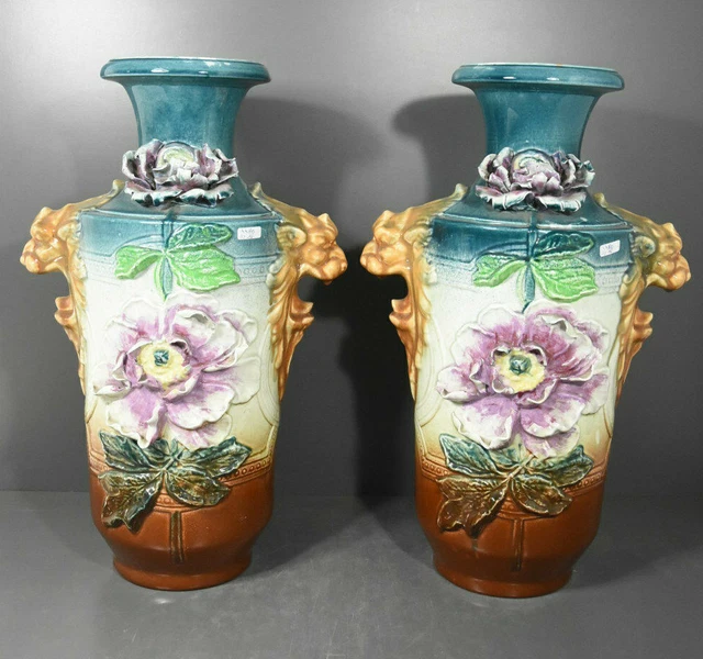 PAIR antique large barbotine majolica Lion head Vases 1900s