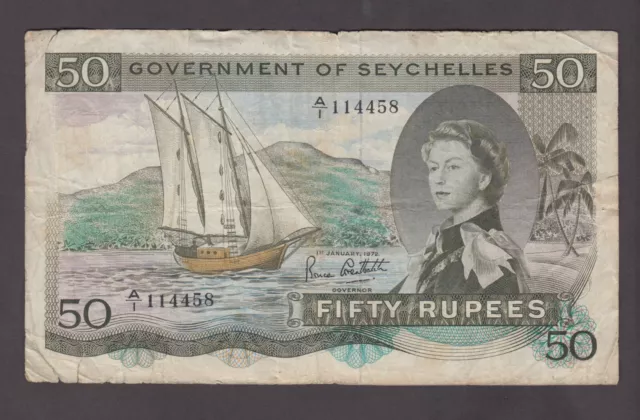 SEYCHELLES P.17d-4458  50 RUPEES 1.1.1972 "SEX" NOTE QEII  FINE  2301