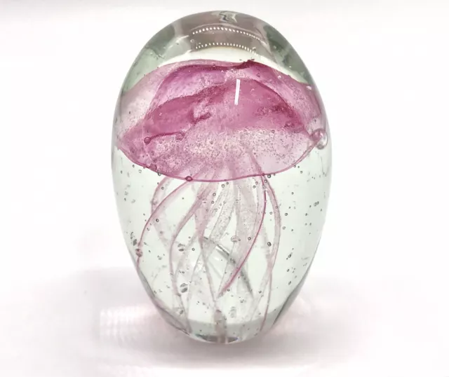 Small Hand Blown Egg Shaped Delicate Pink Jellyfish Art Glass Paperweight 2.5”