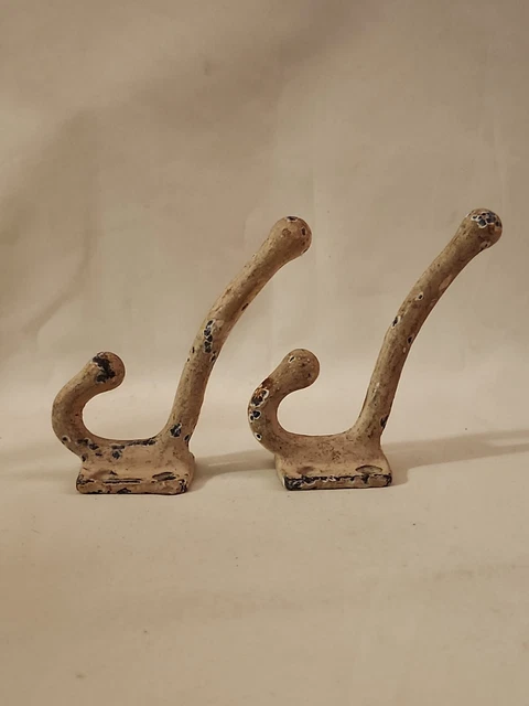 Pair of Antique Salvage Double Cast Iron Coat Hook 3.5" Old Chipped Paint 3