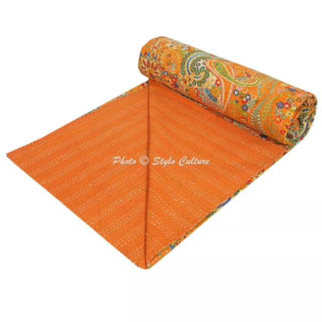 Reversible Kantha Quilt Orange Double Blanket Bohemian Throw Bed Runner Gudari