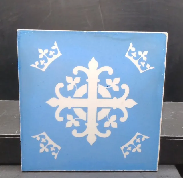 Antique Minton Hollins & Co Stoke on Trent Blue Heraldic Cross No 2 Tile 6"×6"