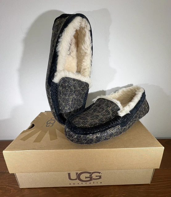 UGG Australia Ansley Slippers Glitter Moccasins Size 6 Bronze Black Gold 1006817