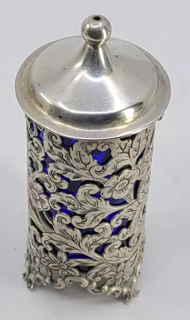 Vintage Dutch Engraved Pierced Silver (835) and Cobalt Blue Glass Spice Shaker