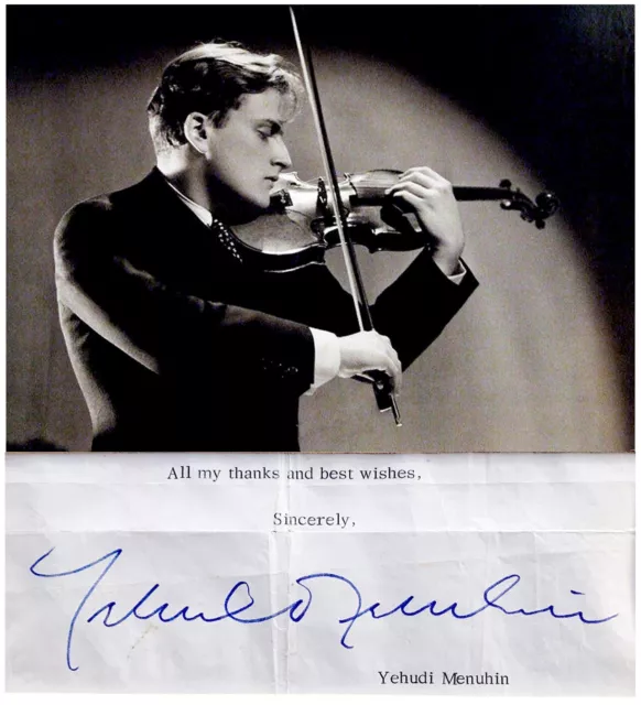 Jewish VIOLINIST YEHUDI MENUHIN Hand SIGNED AUTOGRAPH + PHOTO + MAT Violin