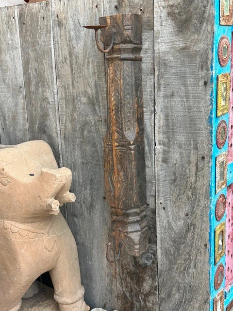 Ancient Old Wooden Hand Crafted Floral Carved Wall Hanging Candle Stand Hook