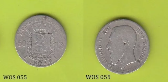 Belgium 50 Cents (French) 1868 (Leopold II) Silver Coin