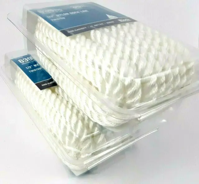 Lot of 2 Nylon Twisted Dock Line 1/2" x 30 ft. White 12 in Soft Eye 639lb WLL