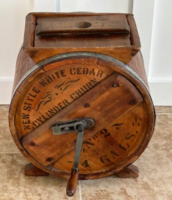 Antique Wooden 4-Gallon Butter Churn New Style White Cedar #2 Cylinder Usa Made