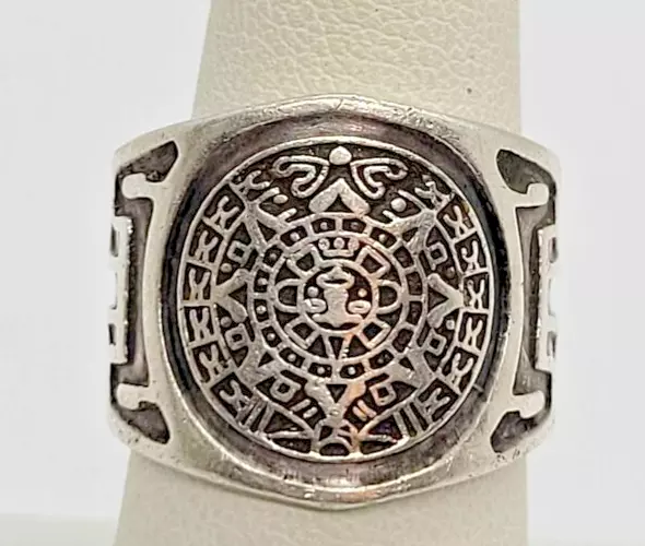 Unisex Sterling Silver 10 gr Taxco Mexico 925 Mayan Calendar band ring sz 7.25