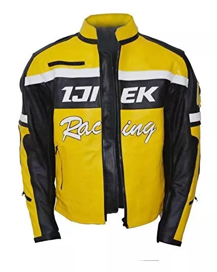 IJIEK Motorcycles Racing Motor Bike Riding Yellow Faux/PU Leather Jacket