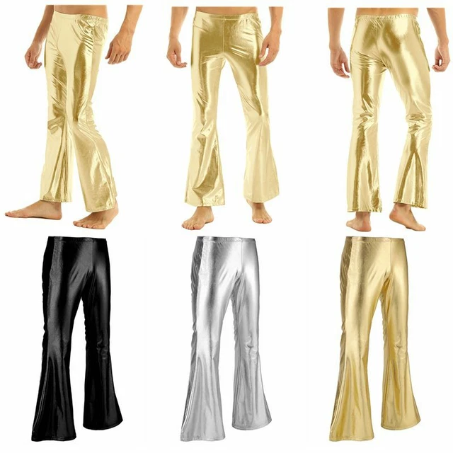 MENS METALLIC LEATHER Flared Pants 70s Disco Dance Dude Trousers Bell