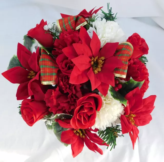 Artificial Silk Christmas Flowers 2 x Red Grave/Crem Pot Memorial Arrangements