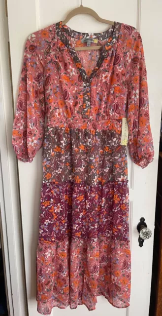 NWT Anthropologie FIGUEROA & FLOWER Boho Midi Tiered Dress Chiffon S Floral