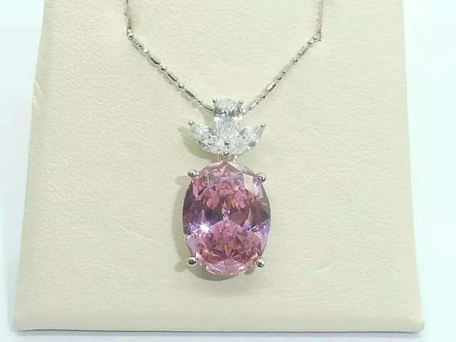 Large Ladies Sterling 925 Solid Silver Pink & White Sapphire Pendant Necklace