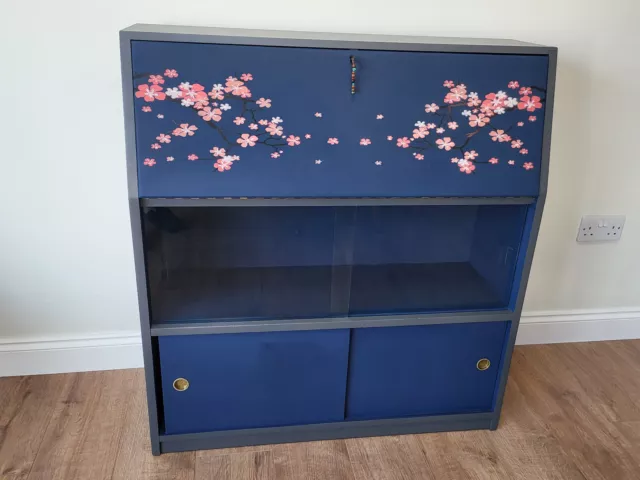 Hand Painted Cherry Blossom Upcycled Pine Bureau Writing Desk Grey/Midnight Blue
