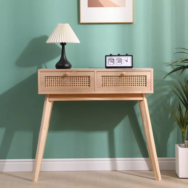 Rattan 2 Drawer Console Table Living Room Hallway Furniture Natural Colour