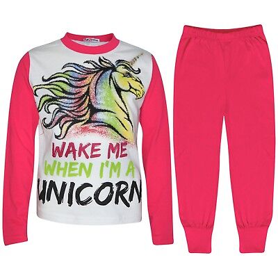 Kids Girls Wake Me When I'M A Unicorn Pyjamas Nightwear Loungewear Pink PJS 5-13