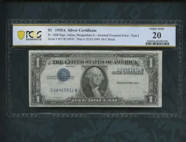 1935 A Silver Certificate   $1 dollar Fr # 1608 PCGS 20 (ERROR)