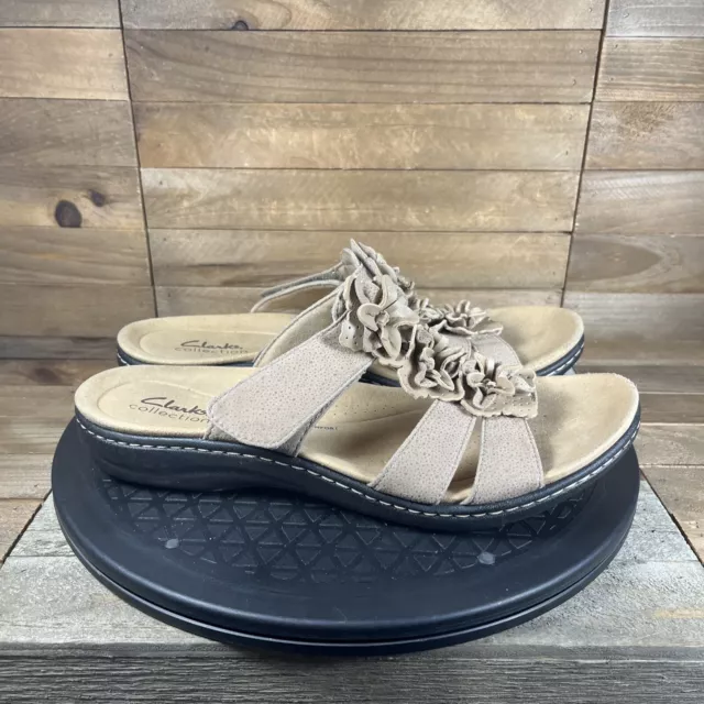 Clarks Laurieann Judi Sandal Womens Sz 8.5 Strappy Floral Slide Nude Tan Sparkle