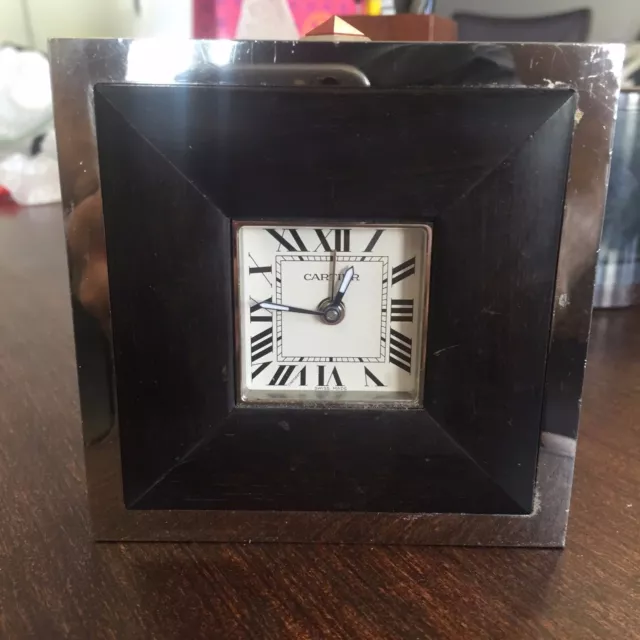 CARTIER Stainless Steel TRAVEL DESK CLOCK WITH ALARM and Wood Detail