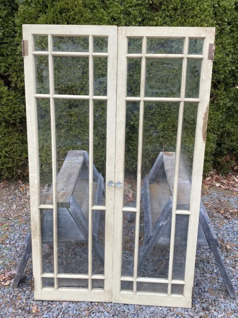 Vintage C.1920 Cabinet Doors, 14 Glass Panes & Glass Knobs, No Cracks or Damage
