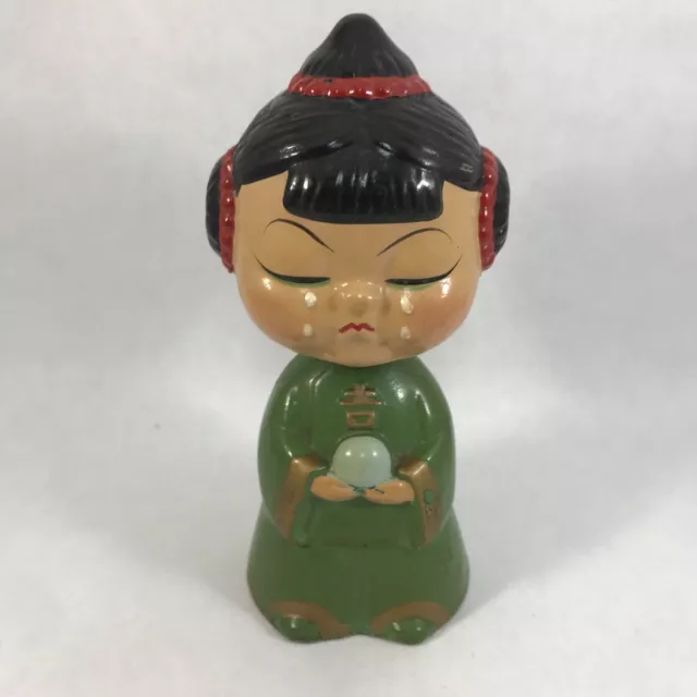 Vintage Chinese Girl Bobble Head Crying Girl Doll Good Fortune Ceramic Figurine