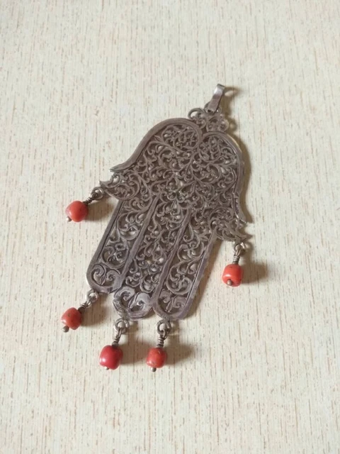 Moroccan Silver Berber Openwork Khamsa Pendant  with Old Coral Beads