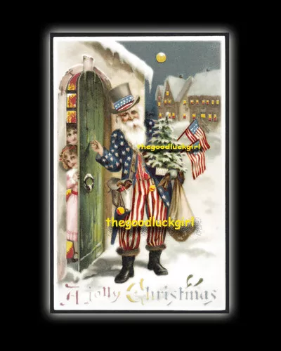 5x7 JOLLY CHRISTMAS Vintage Patriotic Uncle Sam Santa Holiday military Art print