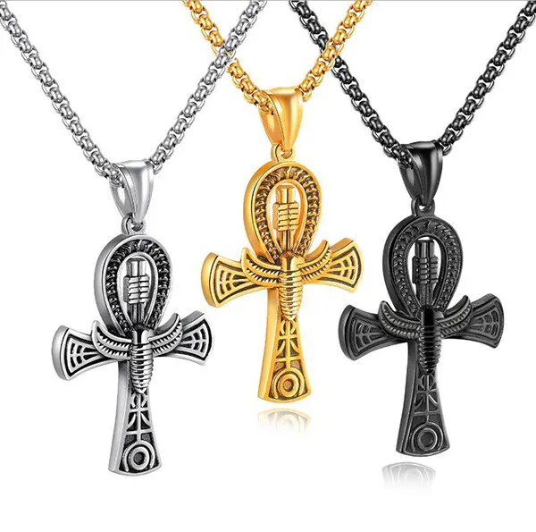 Mens Ancient Egyptian Ankh Cross Pendant Necklace Stainless Steel Chain