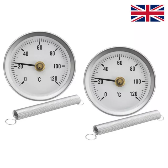 2pcs x 63mm Dial Thermometer 0-120º C - Clip-On Pipe Temperature Gauge & Spring
