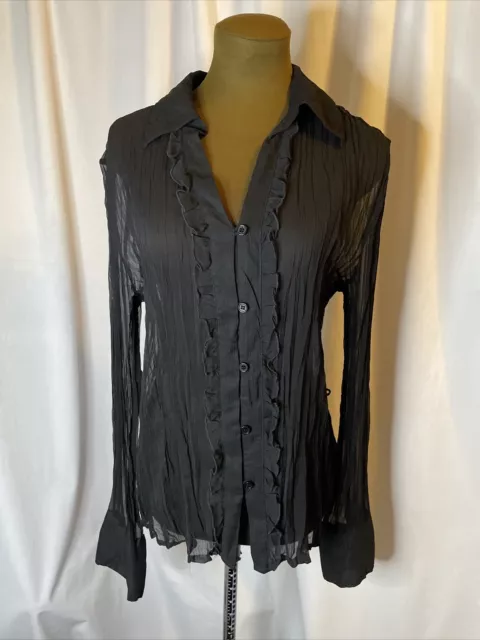 Apt 9 Long Sleeve Black Button Up Collared Blouse Ruffled Sheer Women’s Top Sz L