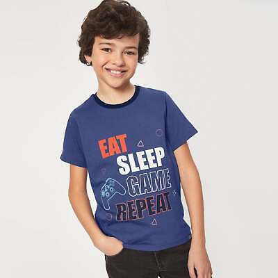 Gaming Slogan T-Shirt Kids Boy Childrens Short Sleeve Blue Eat Sleep Game Repeat