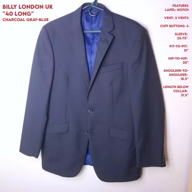 Billy London UK Men 40 Long Gray-Blue Sport Coat Jacket Blazer