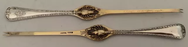 2 Gorgeous German .800 Fine Silver Flat Handled Figural Lobster Picks C. 1895