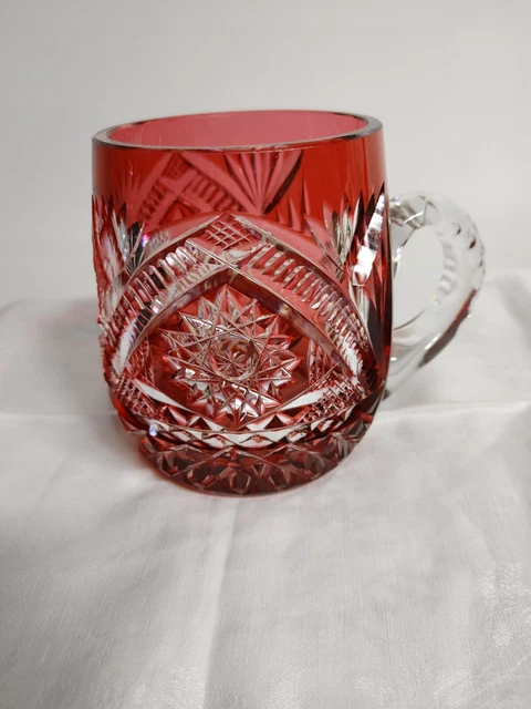 Vintage American Brilliant Period Cranberry cut to Clear BEER MUG