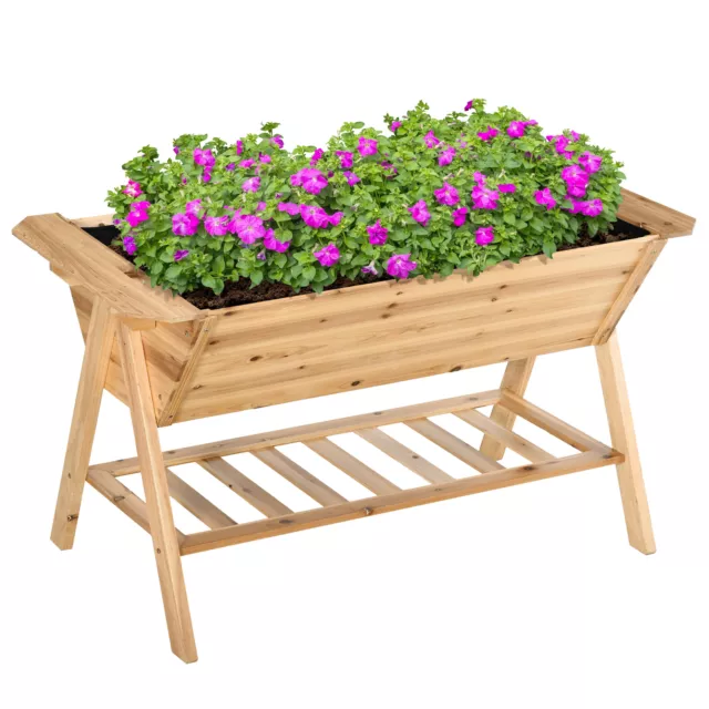 Outsunny Free Standing Wooden Planter Garden Raised Bed w/ Shelf, 148.5x79x82cm