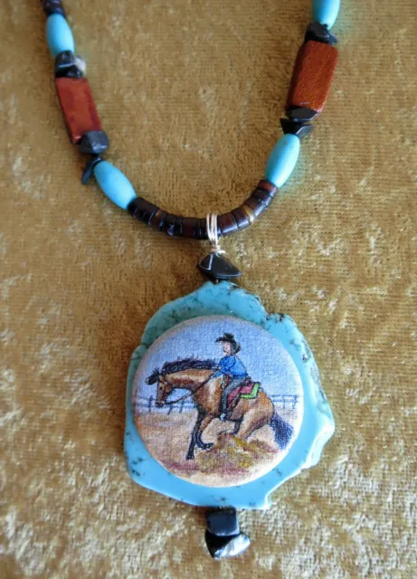 Reining Horse Western Turquoise Necklace Hand Painted Original Cowgirl ART Gift