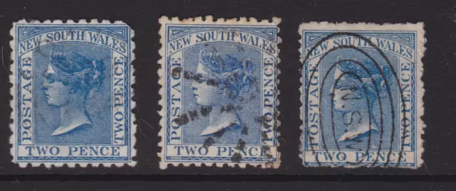 NSW 1865-90 2d Blue QV SIDEFACE LOT X3 FINE USED  (KH161.2)