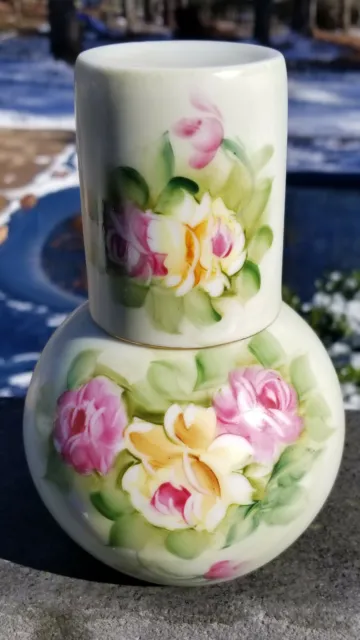 2pc BEDSIDE PORCELAIN Water CARAFE Hand Painted Roses Pink Yellow Green VTG