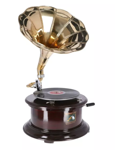 Grammofono funzionante in ottone e legno sopramobile vintage da collezione casa