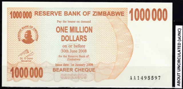 Zimbabwe 2008 Bearer Cheque 1,000,000 Dollar | aUNC AA-prefix P-53 pre-trillion